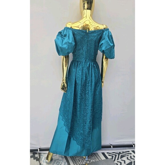 VTG 80s Loralie Blossoms Puff Sleeve On Off Shoulder Lace Dress 12 M - Picture 6 of 9